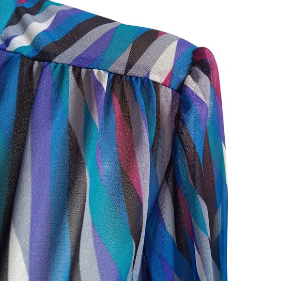 12 Vintage Teddi California Sheer Striped Button-Up Blouse Tie Neck Puff Sleeves - Picture 6 of 8